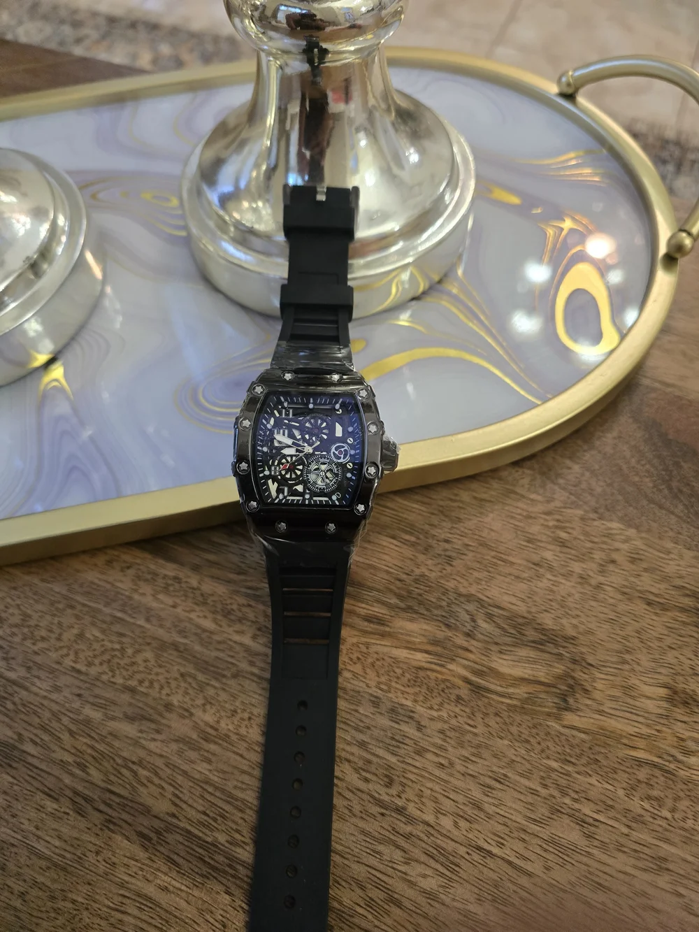Men's Black Skeleton Dial Sport Watch with Rubber Strap